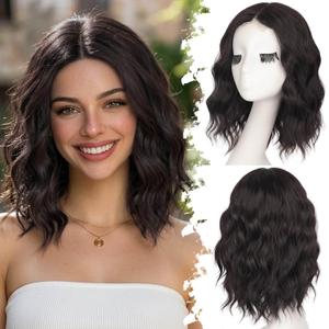 Eawwii Dark Chocolate Brown Short Wavy Wig for Women Lace Hairline Bob Style Synthetic Heat Resistant - Natural Appearance for Everyday Hairstyle 14 Inch