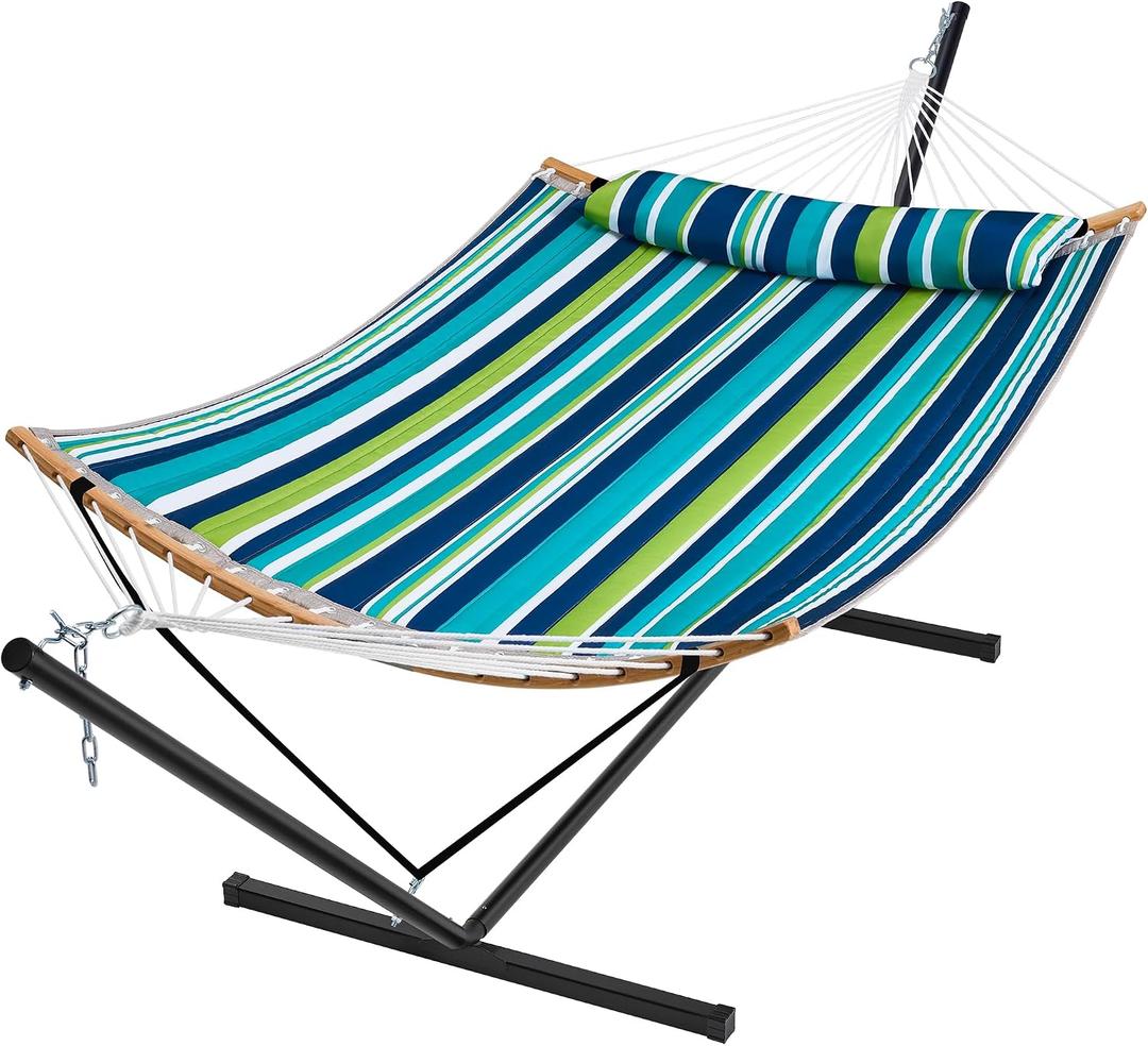 SUPERJARE Hammock with Stand, 2 Person Heavy Duty Hammock with Padded Cotton, Detachable Pillow & Strong Curved-Bar & Portable Carrying Bag, Perfect for Outdoor & Indoor - Dark Cyan