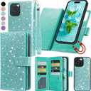 Varikke for iPhone 16 Pro Max Wallet Case Detachable with RFID Blocking Card Holder for Women, Glitter Leather Strap Magnetic Flip Wallet Removable Phone Case for iPhone 16 Pro Max 6.9", Mint Green