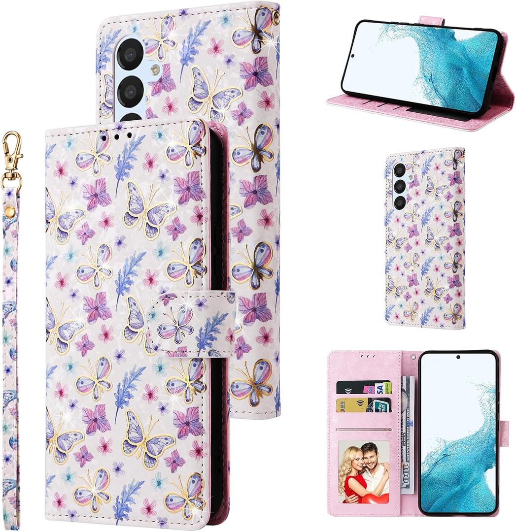 UEEBAI Wallet Case for Samsung Galaxy S23 5G, PU Leather Phone Case Kickstand RFID Blocking Flip Case Card Slots Wrist Strap Relief Engraved Pattern Magnetic Closure Flower Folio Case, Butterfly