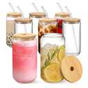 NETANY [ 8pcs Set ] Drinking Glasses with Bamboo Lids and Glass Straw - 16oz Glass Cups, Beer Glasses, Iced Coffee Glasses, Cute Tea Cup, Ideal for Cocktail, Whiskey, Gift - 2 Cleaning Brushes