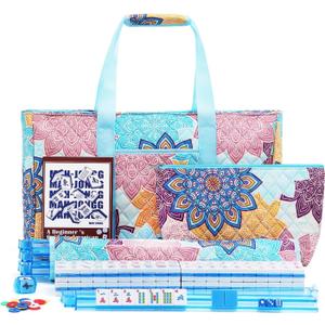 American Mahjong Tile Set with Printed Carrying Bag, 166 Premium Blue Tiles, 4 All-in-One Racks/Pushers and Accessories, Mahjong Set, Complete Mahjong Game Set for Travel, Gifts（Blue Flower）