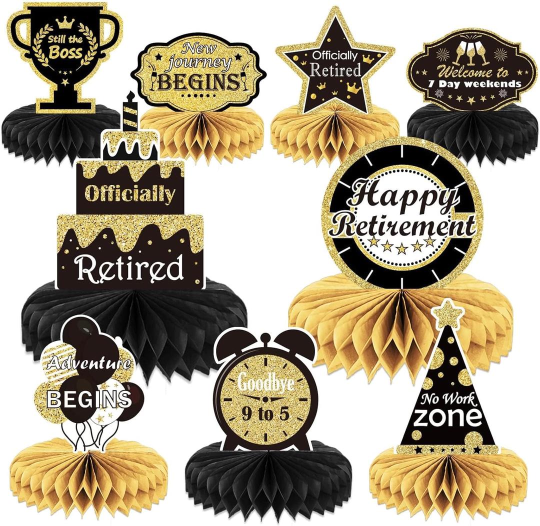 9PCS Retirement Party Decorations Gold Retirement Party Centerpiece Honeycomb Glitter Table Decorations Toppers for Happy Retirement Party Supplies Man and Women