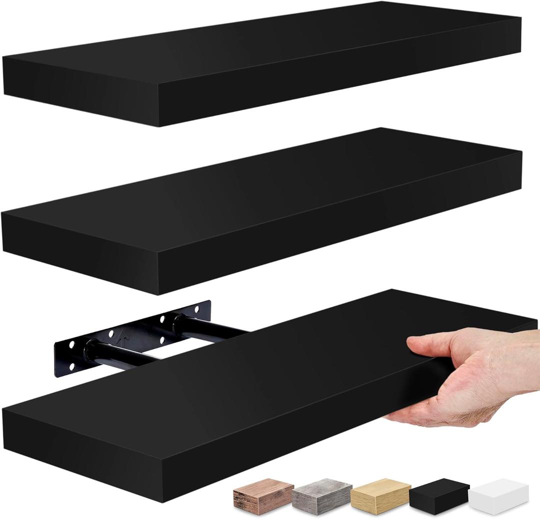 Sorbus Floating Shelves - 3 Pack 16 Inch Rustic & Blue Wall Shelves for Bedroom, Kitchen, Living Room, Bathroom Shelves, Home Decor, Office - Floating Shelf for Trophy, Books, Frames (Black)