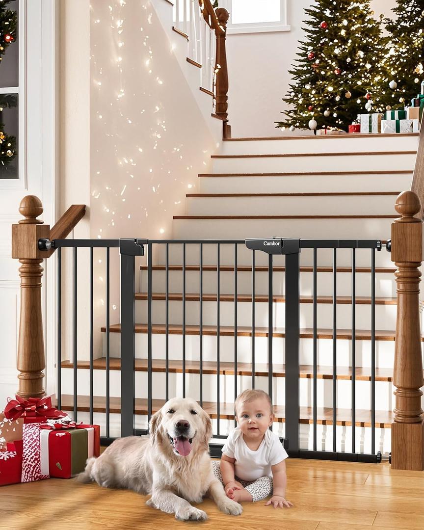 Cumbor 29.7-54.2" Wide Baby Gate for Stairs, Mom's Choice Awards Winner-Self Closing Dog Gate Indoor for Doorways, No Drilling Pressure Mounted Pet Gates for Kids, Easy Walk Through Safety Gate, Black
