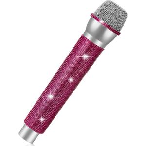 Sanwuta Glitter Prop Microphone, Rhinestone Fake Microphone, Sparkly Bling Toy Mic for Pretend Play Lip Sync, Cosplay Costume Accessories, Disco Karaoke Party Favors(Silver Pink)