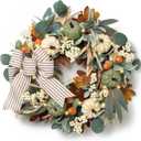 Valery Madelyn Fall Wreaths for Front Door Outside, 20'' Farmhouse Autumn Door Wreath with Lights White Pumpkins Bow, Outdoor Fall Decorations for Home Porch Thanksgiving Harvest Table Centerpiece
