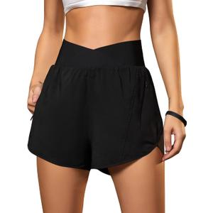 Blooming Jelly Women's Workout Shorts Athletic Running Shorts Crossover High Waisted Gym Shorts with Zipper Pockets (Black, S)
