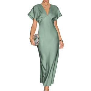 RIHOAS Midi Cocktail Dresses for Women Wedding Guest V Neck Ruffle Spring Summer A Line Formal Dress Flowy Party Gown Wedding (Green, M)