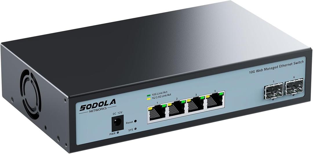 SODOLA 6 Port 10G Easy Web Managed Switch,4X 10G RJ45 + 2X 10G SFP+ Ports - Link Aggregation, QoS,VLAN,IGMP, 10G Switch for Network Management