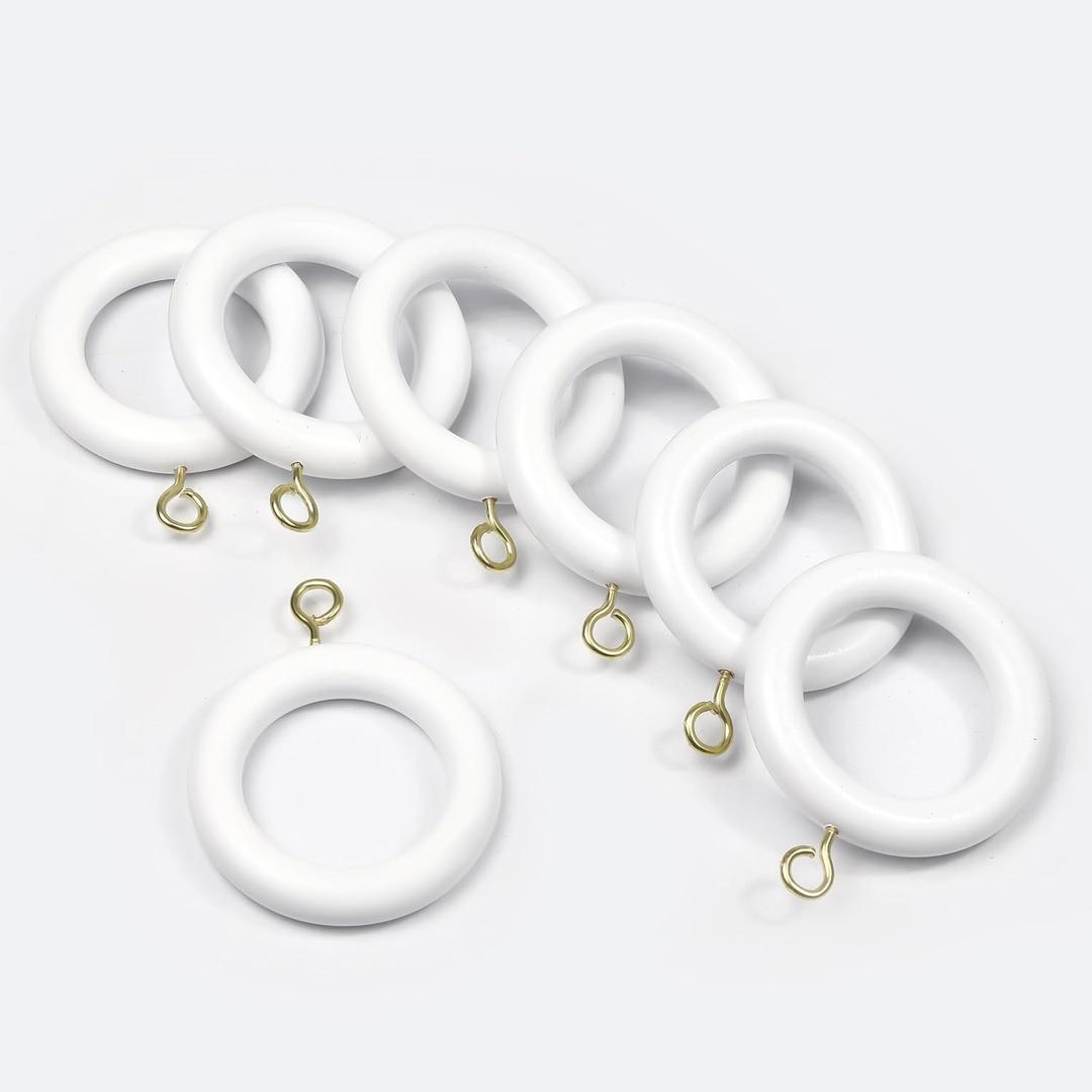 24 Pack of White 2 Inch, Wooden Curtain Rod Rings with Hooks, Decorative Drapery Hooks for Hanging Drapes, Vintage, Cafe and Shower Curtains, Tension Rod Hangers & Home Decor, 1.25 Inner Dia.