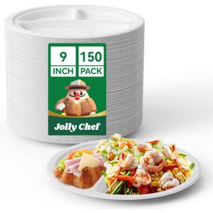 JOLLY CHEF Compostable  Compartment Paper Plates   [ ] Heavy Duty Divided Disposable Eco-Friendly Bagasse Biodegradable White Round Trays for Party Dinner Lunch Christmas (9in-150pack)