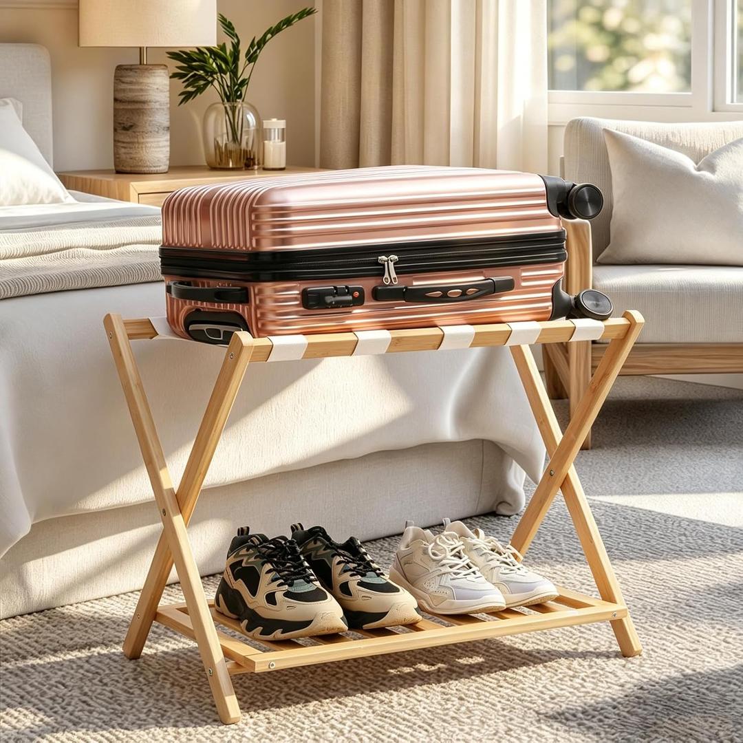 Bamboo Luggage Rack Foldable for Guest Room with Shoe Shelf, 
Foldable bamboo luggage rack with shoe shelf—no bending, no assembly needed