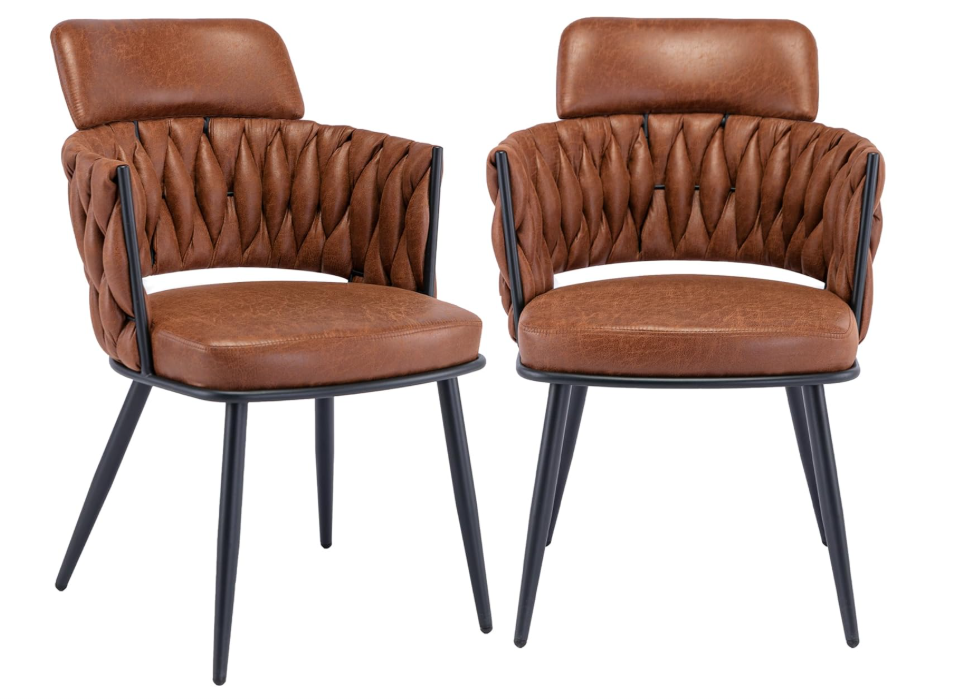 BFZ Mid-Century Modern Dining Chairs - Set of 2, Faux Leather Upholstered with Woven Back, Metal Legs for Dining, Kitchen, Living Room, Whiskey Brown