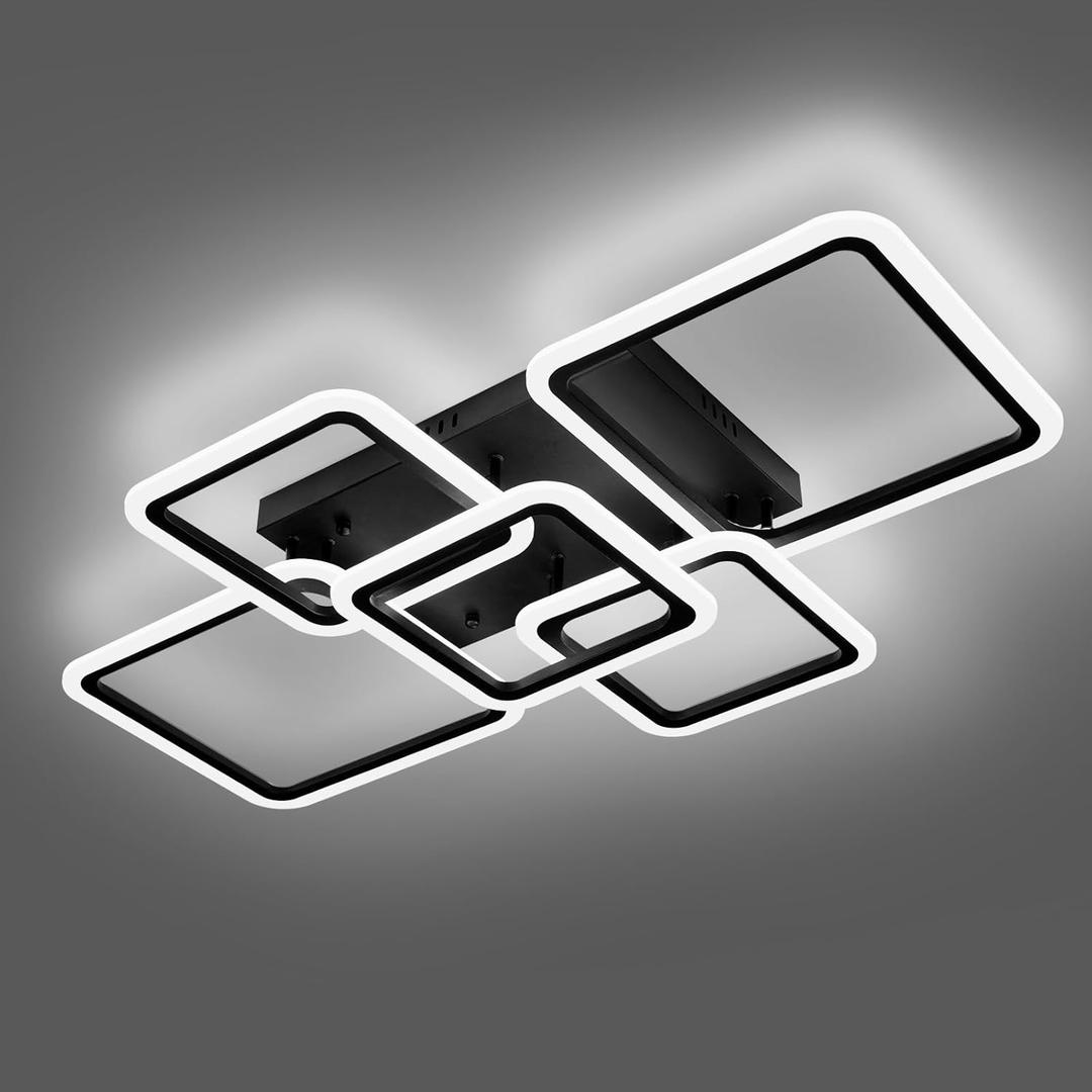 Modern LED Ceiling Light 5-Square Dimmable Black Flush Mount LED Ceiling Light with Remote for Living Room (5 Light-36.2 inch)