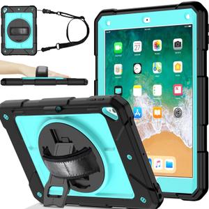 BMOUO Case for iPad 6th 5th Generation (9.7 inch, 2018/2017), 3 Layer Shockproof [360 Swivel Stand][Hand Strap][Pencil Holder] Kids Case for iPad 9.7 inch 2018/2017,Sky Blue