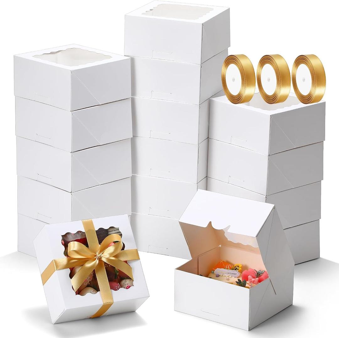 COTOPHER Auto Pop Up Cookie Boxes with Window 6x6x3 Inches 50 Pack | White Bakery Boxes with Gold Ribbon for Birthday Party Favors, Wedding, Christmas Gift Packaging for Cookies, Candy, Macarons