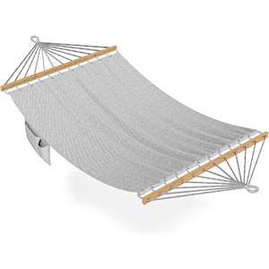 Hammock for Outside, Double Hammocks Without Stand, 2 Person, Spreader Wooden Bar, Side Storage, for Outdoor, Indoor, Patio (Light Grey)