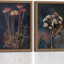 2Pcs Framed Vintage Wall Art Prints, Retro Moody Floral Botanical Canvas Painting Farmhouse Decor, Dark Classical Flower Prints Canvas for Bathroom, Bedroom, Living Room, Gallery 16x24in