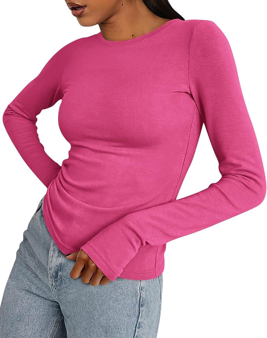 BTFBM Women's Casual Tops Spring Fall Outfits 2025 Long Sleeve Shirt Crewneck Workout Stretchy Slim Fit Going Out Top Small