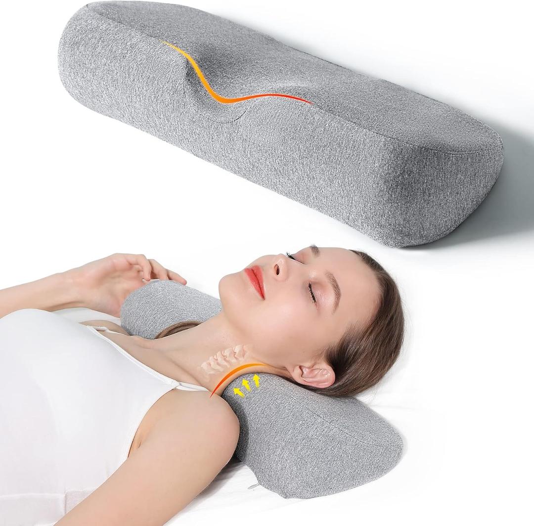 Cervical Neck Pillows for Pain Relief Sleeping, Memory Foam Neck Bolster Pillow for Stiff Pain Relief, Neck Support Pillow Neck Roll Pillow for Bed Pillow (Light Grey)