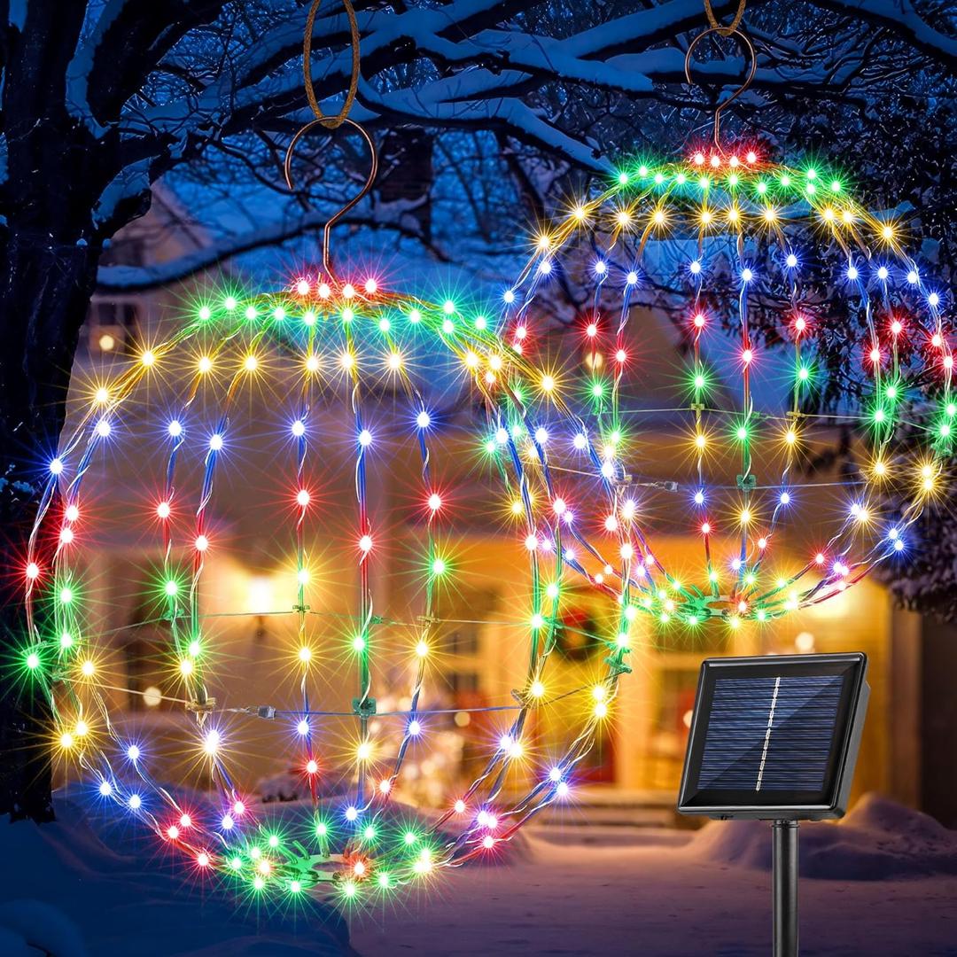 Flacchi Set of 2 Solar Hanging Ball Lights - 2 Sizes of Christmas Outdoor Garden Lanterns Waterproof Globe Fairy Lights with 8 Lighting Modes Timer Memory Function (Multicolor)