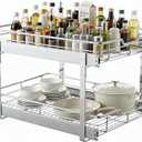 2 Tier Pull Out Cabinet Organizer 15"W x 22"D, Heavy Duty Slide Out Drawers for Base Cabinets, Electroplated Stainless Steel Pull-out Shelves for Kitchen Bathroom Pantry, Under Cabinet Sliding Rack