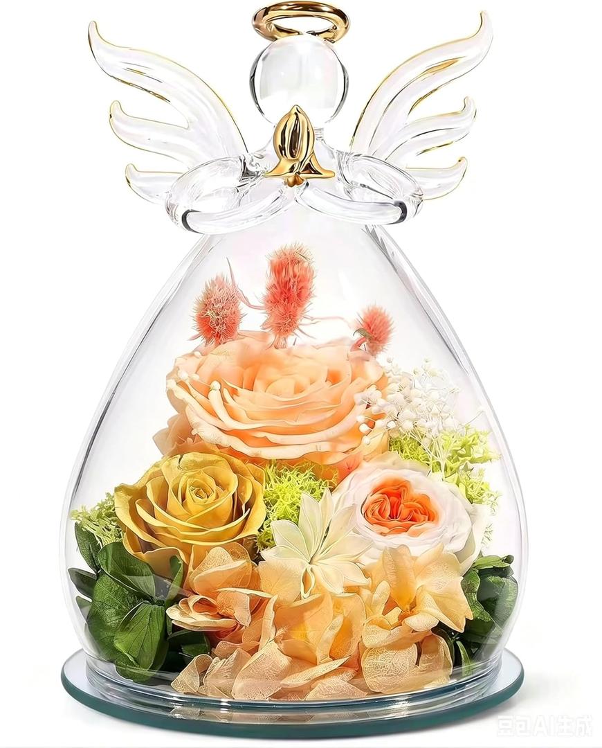 Gifts for Mom, Mother’s Day Birthday Gift for Women, Preserved Rose Angel Figurine in Glass, Handmade Angel Flower Keepsake for Women Birthday Sympathy Gift (Champagne)