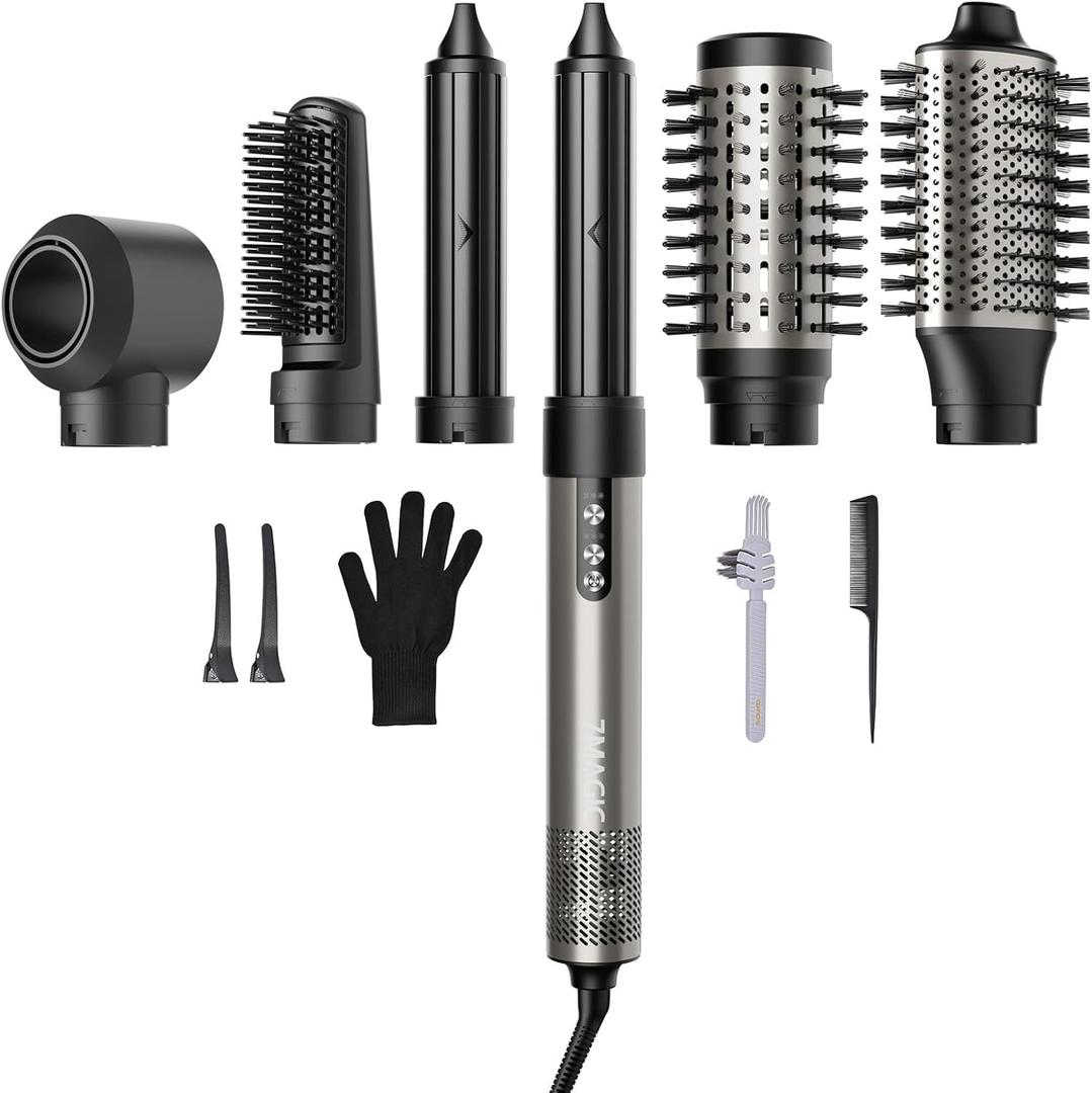 7MAGIC Hair Dryer Brush & 6 in 1 Hair Styler, Silver, 110 Volts, 1200 Watts, Ionic Technology, Fast Drying, Multi Styler for Straight, Wavy, Curly, and Coily Hair