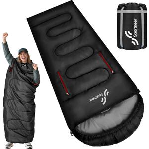 Sportneer 0 Degree Wearable Sleeping Bag for Adults & Kids  Walkable with Arm Zippers, Waterproof & Warm, Compact for Camping, Stadiums, Travel, Backpacking & Car Use (87''Long 32-65, Black)