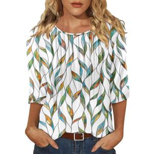 KISSMODA Tunic Tops for Women Loose Fit Dressy Round Neck Pleated 3/4 Length Sleeve Spring Tops (3XL, B White Green Stripes)