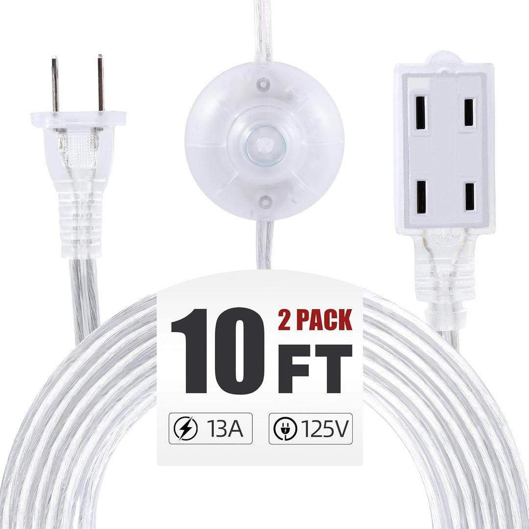 2 Pack Clear Extension Cord with Foot Switch 3 Outlet 10FT Invisible Extension Cord 2 Prong Power Cable Male to Female, for Christmas Tree Lighting Holiday Lighting, UL-Certified, 13A/125V, 2 x 16 AWG