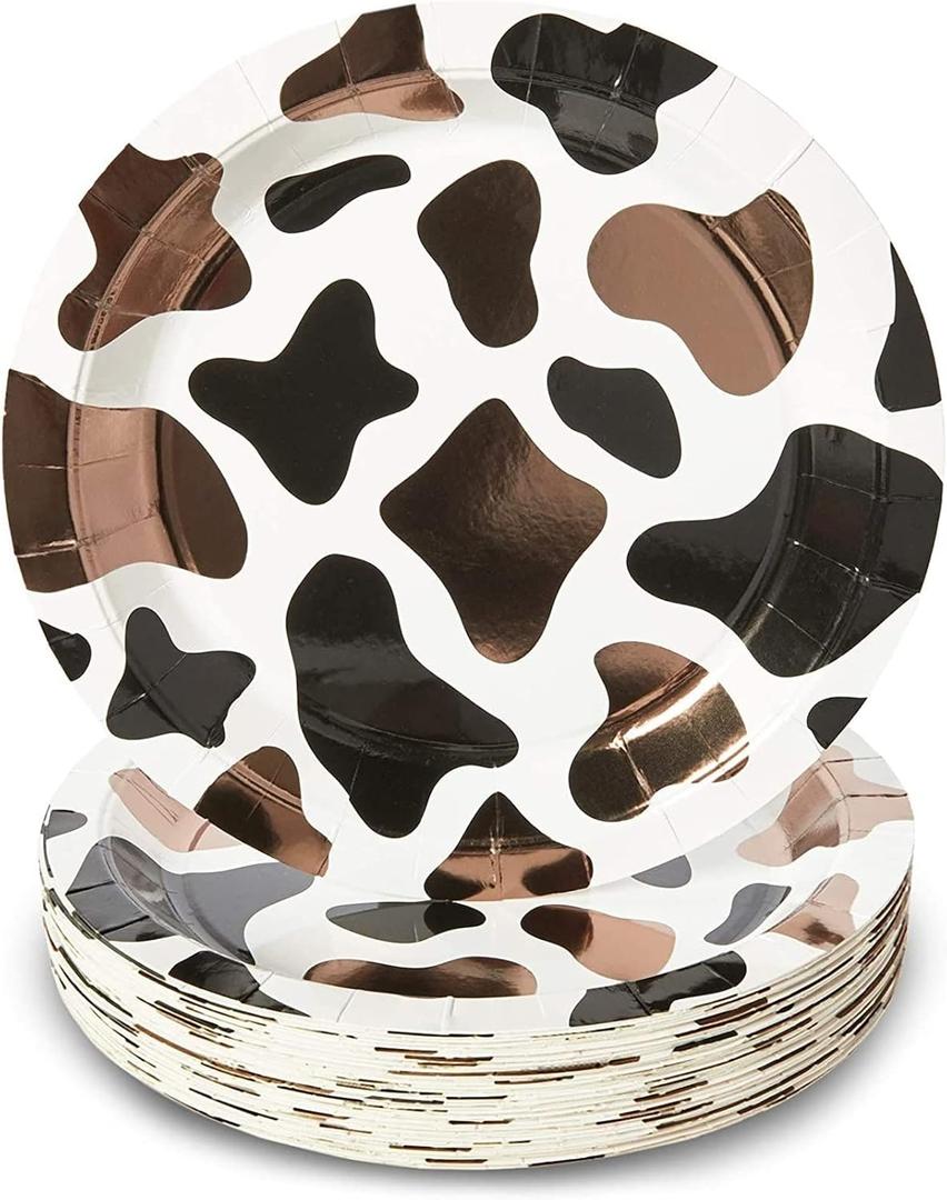 BLUE PANDA 48 Pack Cow Print Paper Plates (9 Inch) for Barnyard Birthday, Farm Animal Party - Cow Baby Shower Supplies (Brown Foil Print)