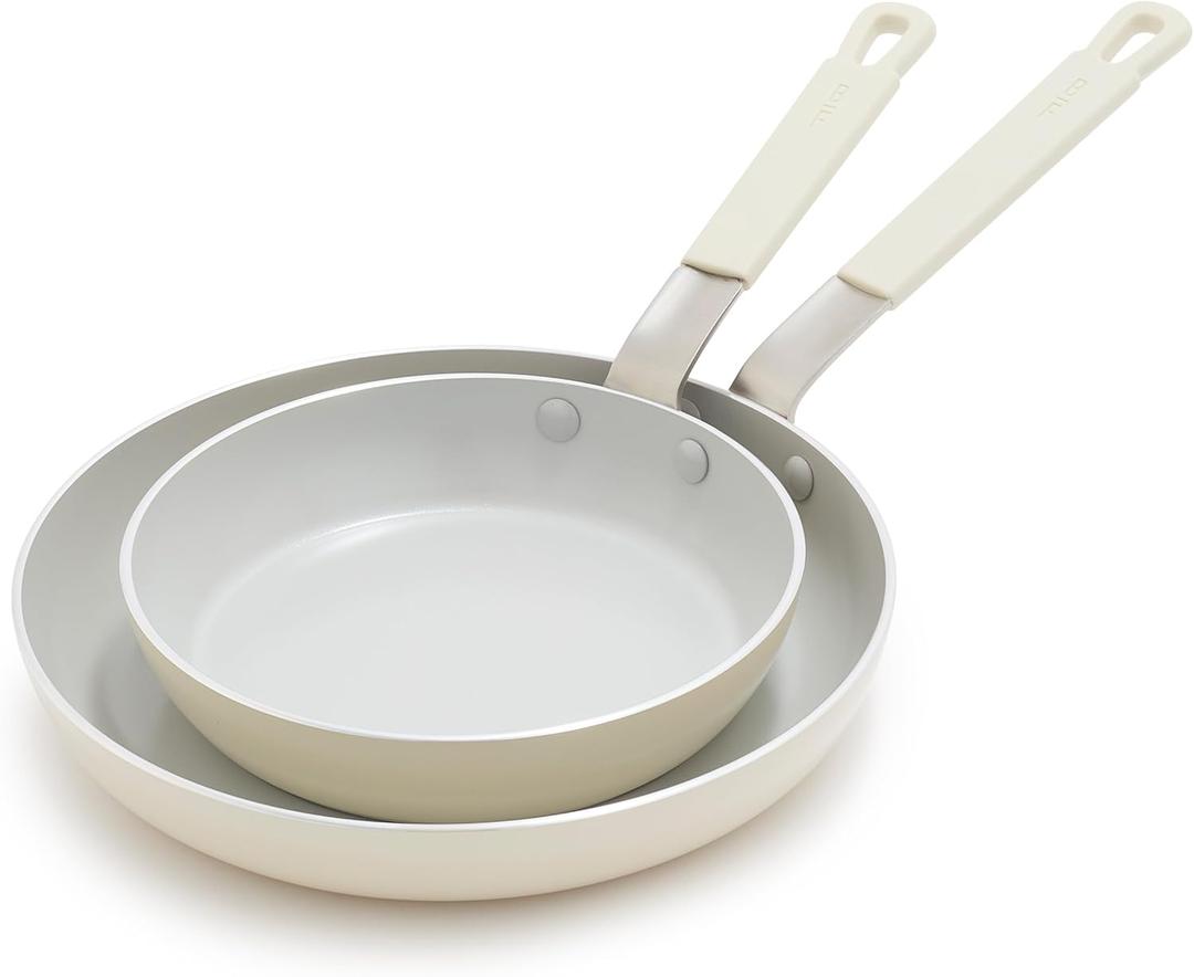 GreenPan x Bobby Flay 2 Piece- 8 and 10 Nonstick Frying Pan Skillet Set, PFAS-Free Diamond Ceramic, Induction Suitable, Stay-Cool Silicone Handle, Easy Clean Dishwasher & Oven Safe, Cream