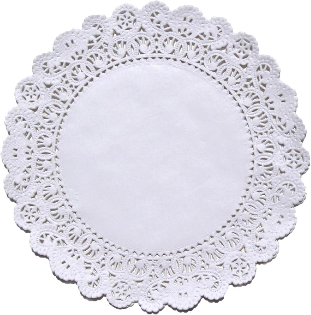 Regency Wraps Paper Lace Doilies, 10 Round Pack of 25 for Decorative Table Display of Cakes, Desserts, Appetizers for Weddings and Parties, White