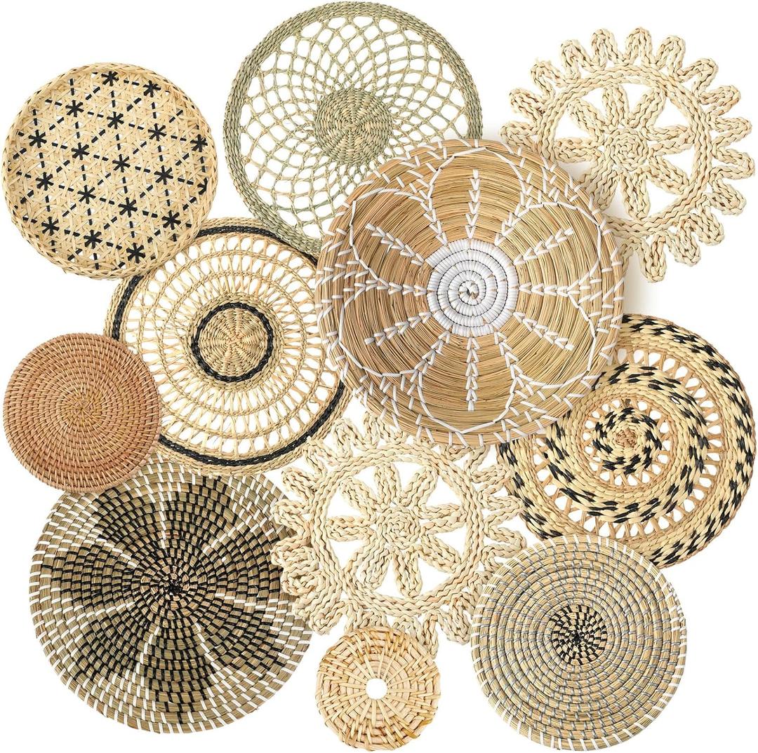 Tatuo 11 Pcs Boho Wall Basket Decor Bulrush Woven Wall Hanging Art Round Farmhouse Rustic Handmade Wicker for Summer Home, Bedroom, Living Room, Kitchen Decorations, Multi Sizes(Vivid)
