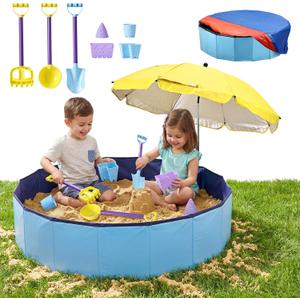 Large Sand Box Set with Lid Cover & Umbrella, Including 7Pcs Sand Toys for Kids Toddlers, 39Inch Big Portable Sandpit for Outdoor Indoor Backyard Patio Beach Dog, Hold up 200lbs Sand