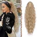 FESHFEN Claw Clip Ponytail Extensions, Long Pony Tail Hair Piece Wavy Curly Synthetic Hairpieces for Women, Blonde & Ash Blonde Mixed 26 inch
