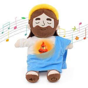 Soothing Jesus Plush Toys with Light & Sound, 15" Jesus Stuffed Breathing Plushy Doll, Christian Catholic Religious Plushie Christmas Easter Gifts for Kids Baby (Blue)