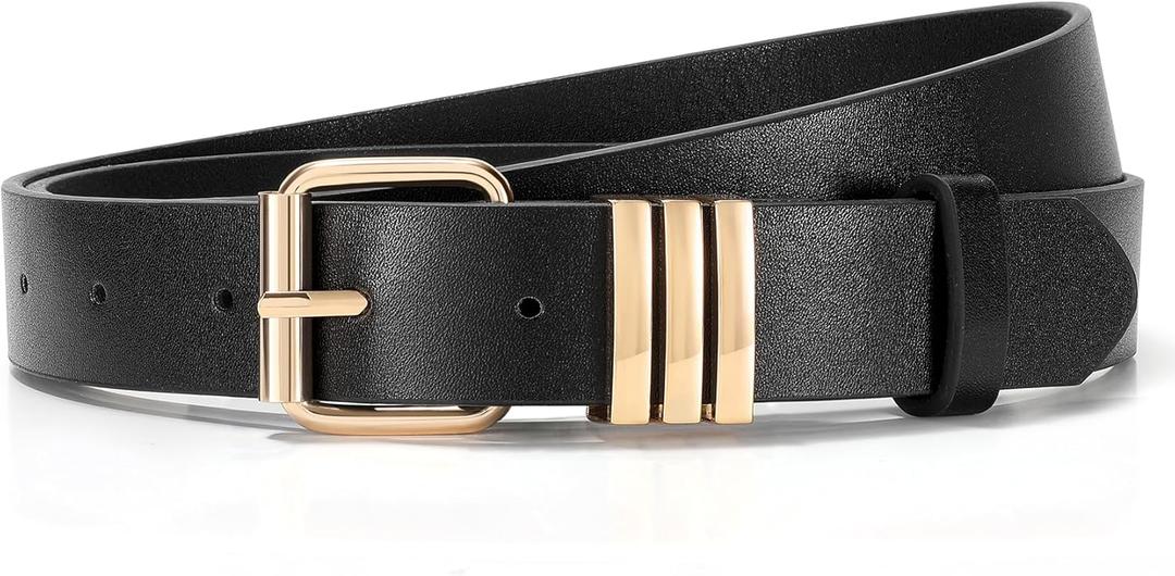WERFORU Women Leather Belt Fashion Leather Waist Belt for Jean Dress with Gold/Silver Buckle (Black)