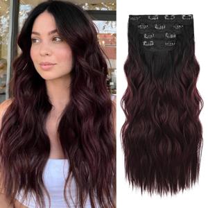 REECHO Hair Extensions, 4PCS Clip in Hair Extensions HE001 Natural Soft Synthetic Hairpieces for Women, Dark Burgundy (Black to Burgundy Ombre)