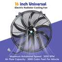 16 in Electric Radiator Cooling Fan Assembly Kit 10 S Blades Reversible Push or Pull 3000 CFM 12V Black