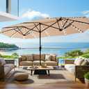 SUPERJARE 13ft Outdoor Patio Umbrella with Solar Lights, Double-sided Deck Pool Umbrella with 1.5 Inch Pole, Fade Resistant Canopy, 12 Sturdy Ribs, for Porch, Market, Backyard, Beige (No Base)