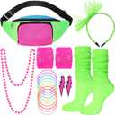 Handepo 19 Pcs 80s Costume Accessories Set Neon Retro 80s Fanny Pack Hairband Fishnet Gloves Bracelet Earrings Necklace Socks (Fluorescent Green)