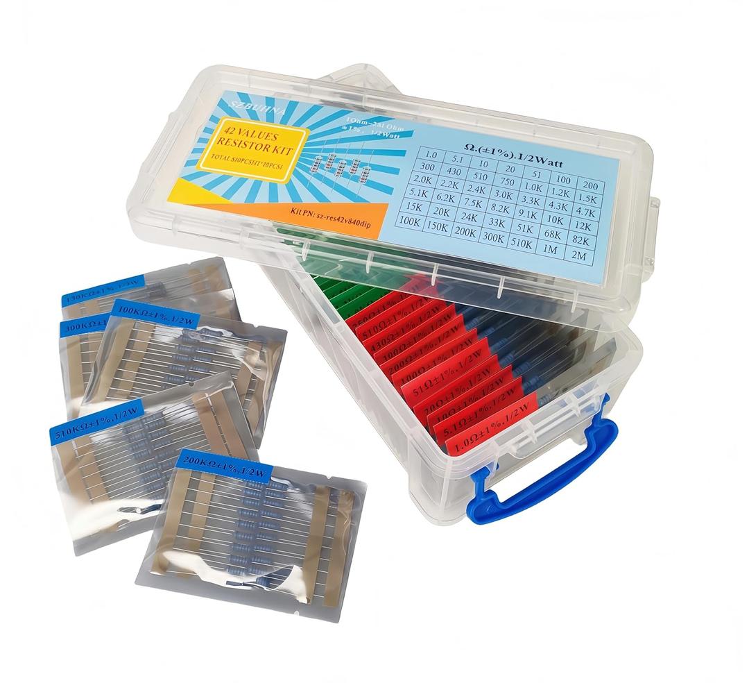 Metal Film Through Hole Resistor Assortment Kit 1/2W (Watt) 42 Values 840pcs 1% 1-2M Ohm Assorted for Led Lights Arduino DIY Electronics Repairs