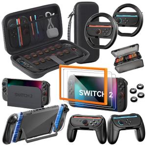 Accessories Bundle for Nintendo Switch 2, 16-in-1: Carrying Case, 2 Screen Protectors, Steering Wheel, Grip for Joycon Controller, Dockable Console Protective Cover Shell, 2025 Switch2 Game Kit (Black (No Controller))