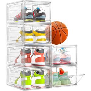 Thicken & Sturdy Clear Shoe Storage Organizer with Magnetic Door, Stackable Boxes for Closet, Foldable Space-Saving Shoe Rack for Sneaker Boot Container, Plastic Shoe Cabinet Shoe Box 6 Pack, White