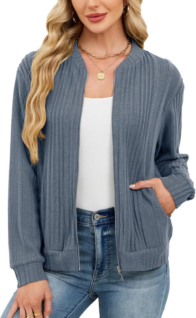 Viracy Women's Full Zip Up Cardigan Sweater Lightweight Casual Long Sleeve Jackets with Pockets (Large)