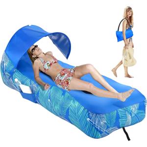 RZM Inflatable Lounger Air Sofa with Sunshade - Portable Waterproof Outdoor Couch for Camping, Beach, Hiking & Music Festivals - Quick Setup Lightweight Furniture w/Carry Bag (Clear Blue) (Blue)