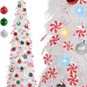 HMASYO 5 FT Pop Up Christmas Tree with Timer Lights and Decorations, White Tinsel Christmas Tree with Candy and 24 Balls Ornament, Collapsible Pencil Tree Xmas Decoration for Home, Office, Party